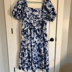 Abercrombie & Fitch Blue and White Floral Dress Emerson Poplin Puff Sleeve Midi